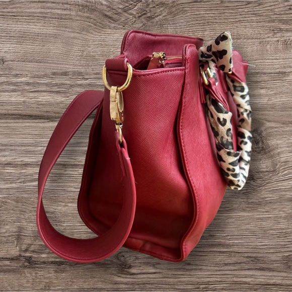 BCBG Paris Satchel Handbag with scarf wrapped strap handles. - Picture 4 of 7